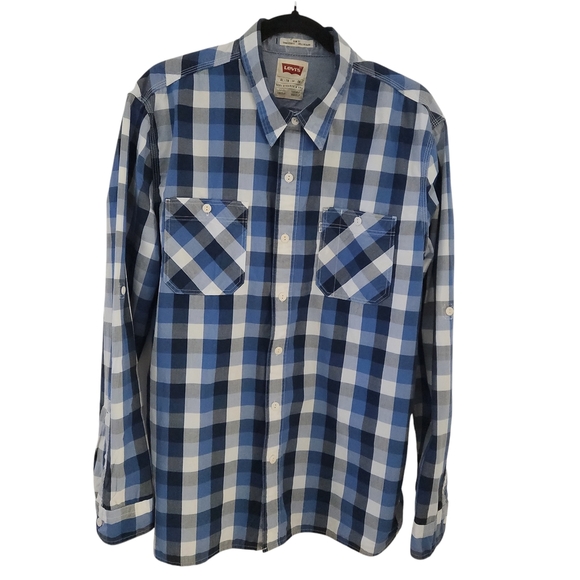 Levi’s Men’s XL Western Plaid Shirt Blue Cotton Slim Fit Long Sleeve Cowboy - Picture 1 of 16
